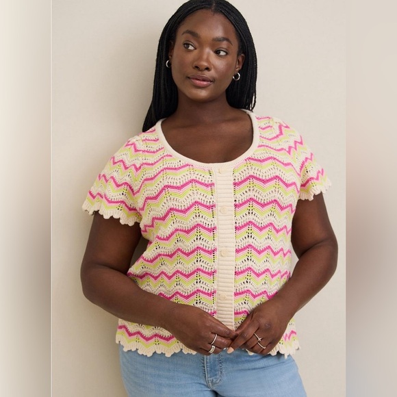 Torrid NWOT Pointelle Knit Crochet Pullover Flutter Sleeve Sweater Plus Size 2 - Picture 4 of 11